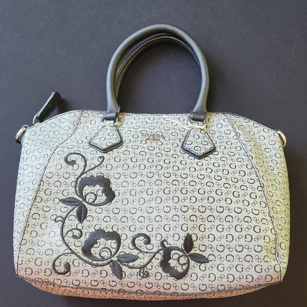 GUESS Monogram Floral Accent‎ Satchel Handbag Black Gray Top Handle